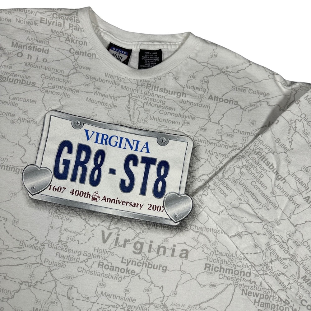 Vintage Y2K Virginia Map State of Mine Mens L License Plate AOP T-Shirt‎ White